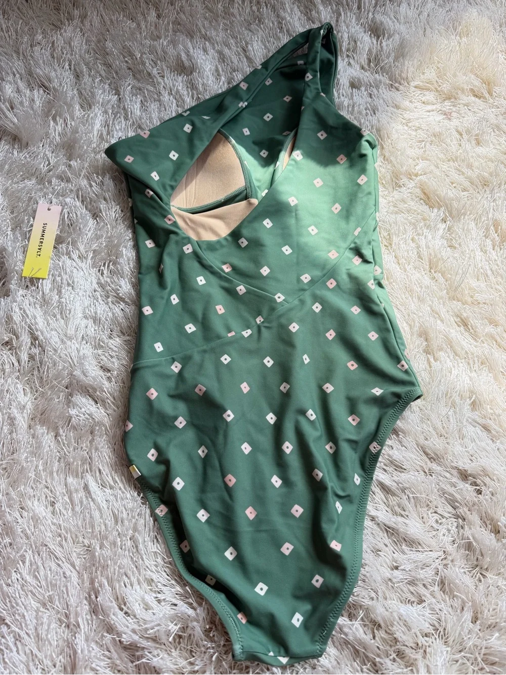summersalt Green One-Piece Swimsuit with White & Pale Pink Diamond Print